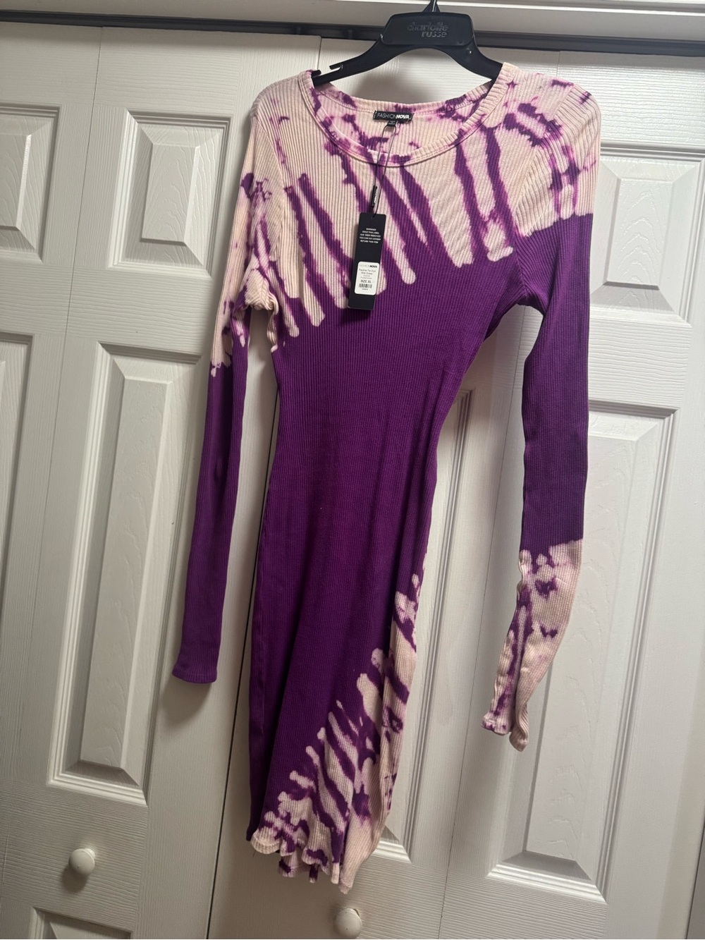 Fashion Nova Purple and Cream Tie-Dye Ribbed Long Sleeve Dress